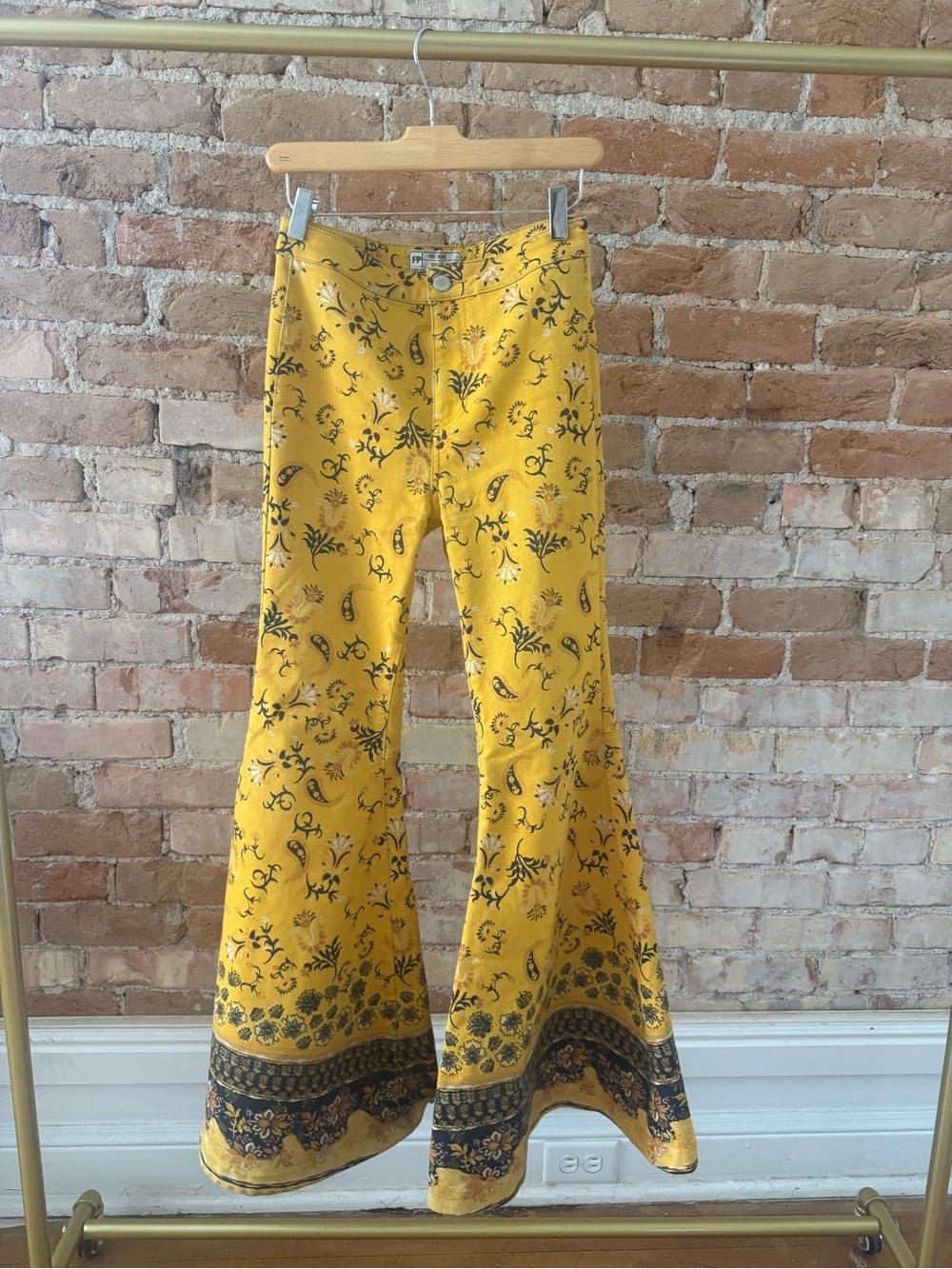 Free People Mustard Yellow Floral Print Bell Bottoms